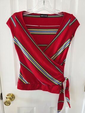 Vintage Y2K Wet Seal Bright Red Striped Wrap Top Small